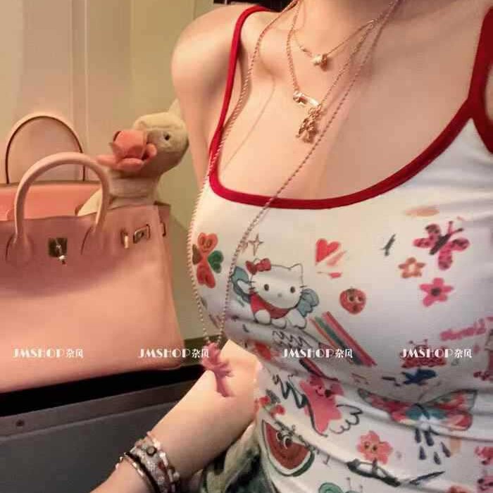 Hot Girl Cartoon Cute Printed Camisole for Women with Contrasting Color and Breast Pads, Sexy Spaghetti Straps, Beautiful Back Outer Tops for Women