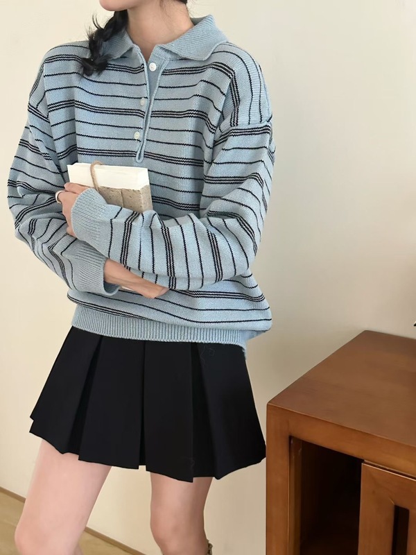 韩系复古条纹翻领毛衣女秋冬宽松慵懒风套头polo领针织衫内搭上衣|undefined