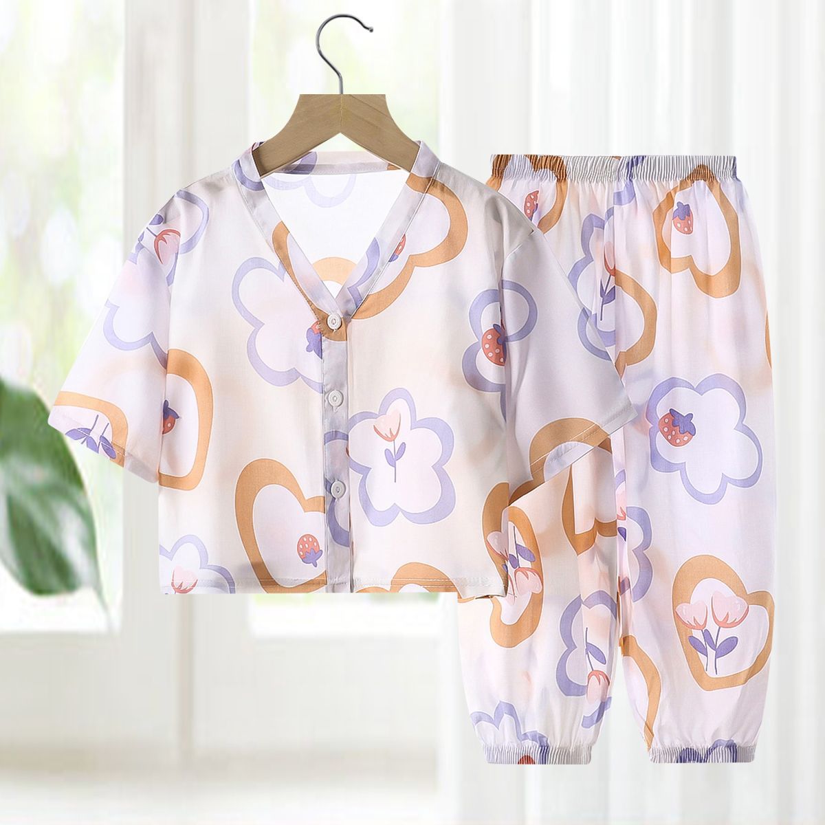Pajamas de seda de algodón para niños, ropa de aire acondicionado de algodón artificial de verano, ropa para niños y niñas, ropa para el hogar de seda de algodón, dos juegos de ropa infantil