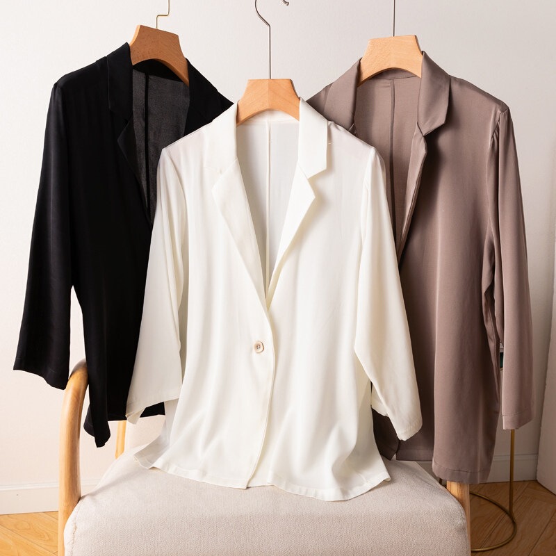 19 momme stretch double georgette silk summer cool white silk blazer jacket with three-quarter sleeves, thin style for women 19 momme stretch double georgette silk summer cool white silk blazer jacket with three-quarter sleeves, thin style for women