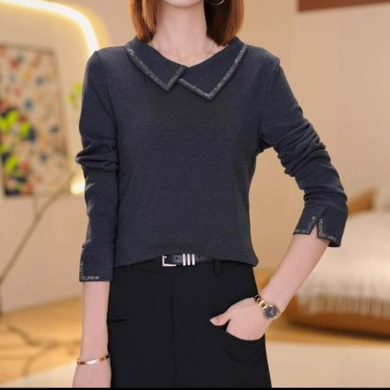 一件代发直播爆款2025秋季新款不规则领烫钻长袖T恤女打底衫上衣|undefined