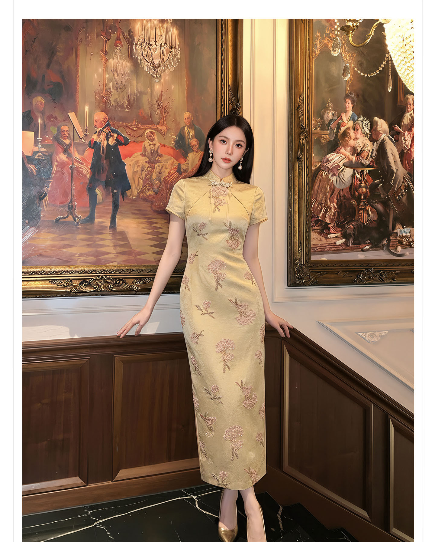 Đầm maxi nữ thêu ren hoa cổ trụ cài khuy, phong cách tân cổ điển — màu vàng chi tiết 9