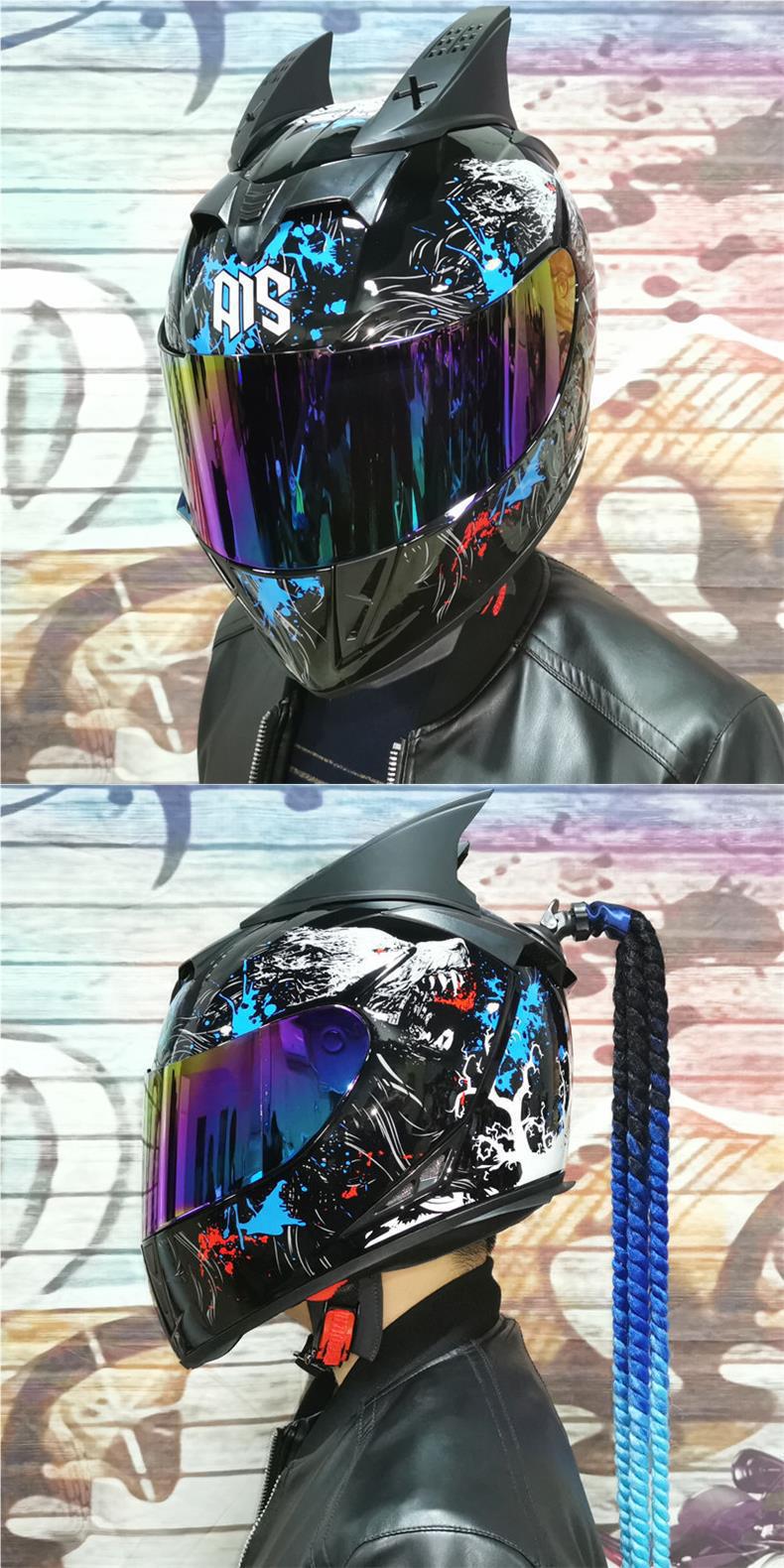 AIS Motorcycle Helmet Full Face Dual Visor Horns 3C Certified