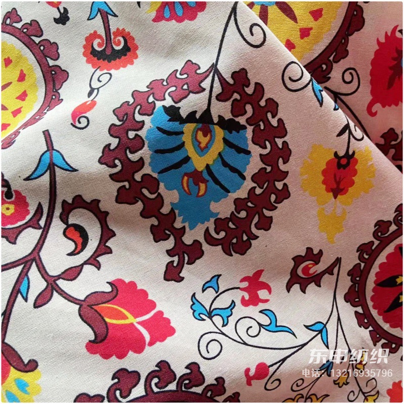 米色底太阳花 印花棉麻裙子服装家居布料2024春夏夏威夷棉麻布料