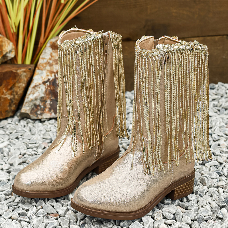 Children's long knight boots, European and American fashion children's western cowboy boots, cross-border autumn and winter children's tassel long boots