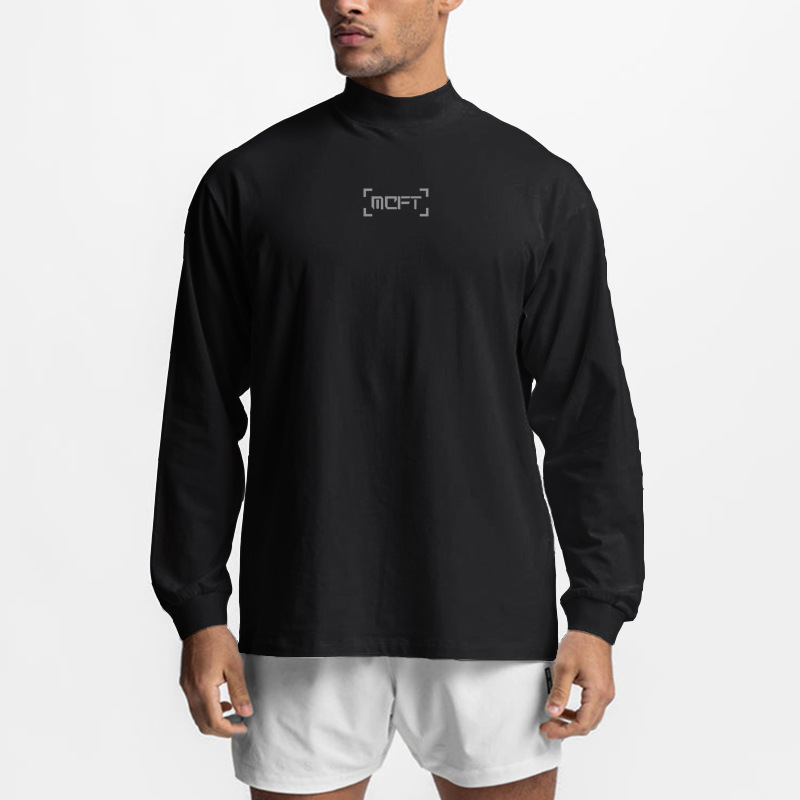 Herren Fitness Langarm T-Shirt Herbst und Winter lockerer High-Neck Muscle Hoodie Freizeit Sport Trainingskleidung_voghion.com