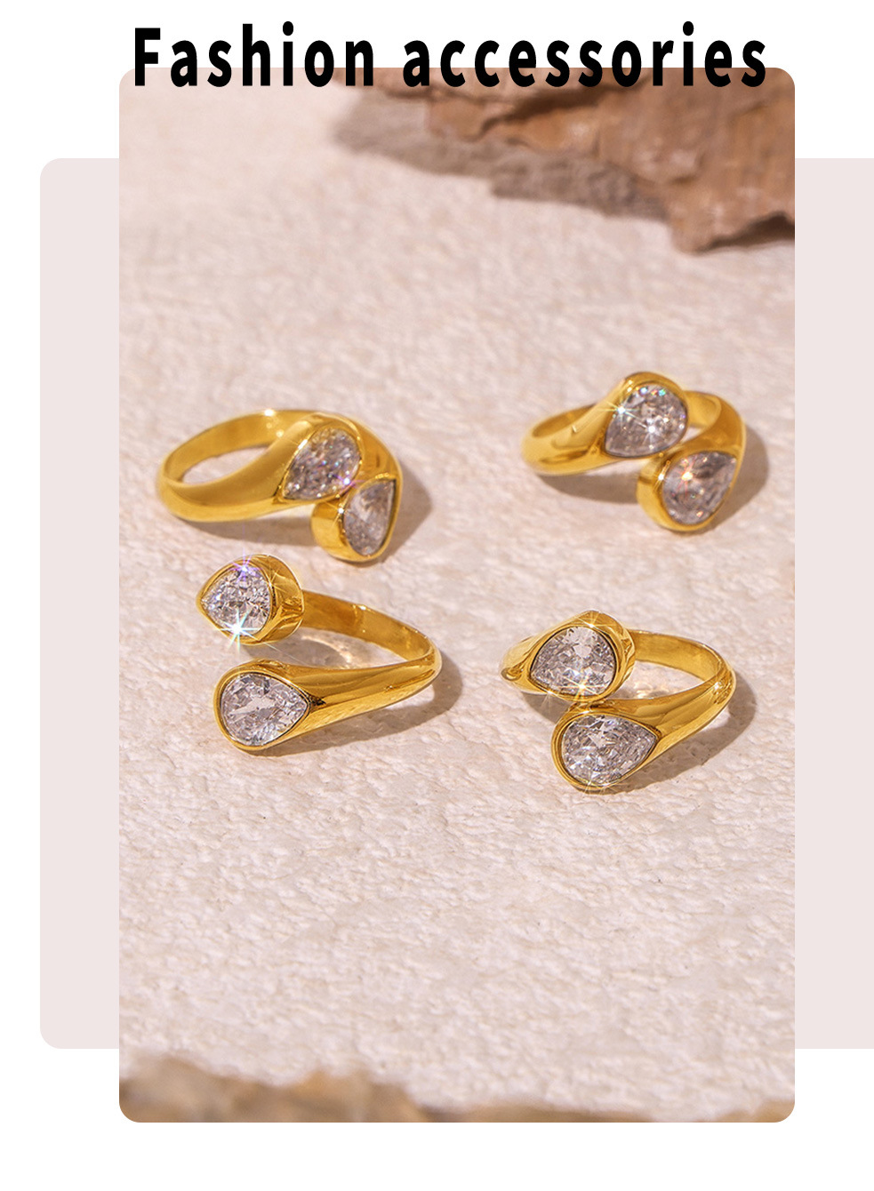 Anello aperto in acciaio al titanio con doppia goccia d'acqua e zircone quadrato 3A, colore PVD conservato, da donna_voghion.com