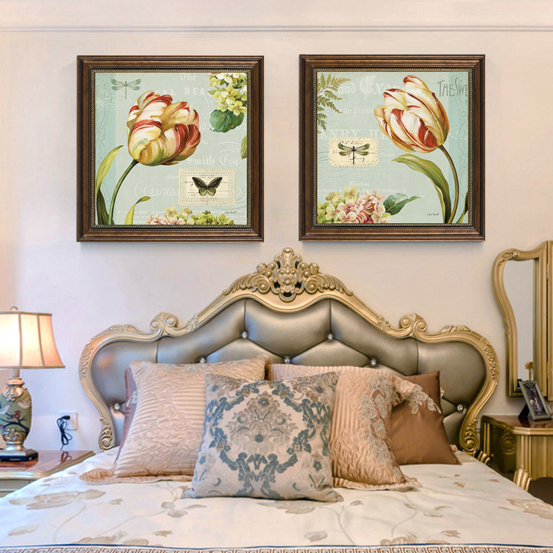 美式卧室床头装饰画两联客厅挂画欧式墙画房间花卉壁画餐厅仿油画