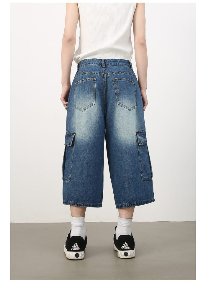 Quần short jean nam ống rộng nhiều túi phong cách hip-hop đường phố, quần lửng mùa hè — Màu xanh lam, Xanh lam làm cũ, Xanh lam nhạt chi tiết 6