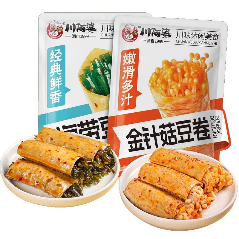 川おばさんのえのき豆巻き、昆布サンド豆皮巻き、スパイシーシリーズ、スナック、干豆腐スナック|undefined