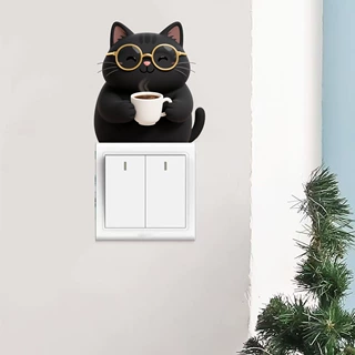 黑色卡通金丝眼镜猫咪喝咖啡开关贴家居装饰墙面自粘创意防水批发