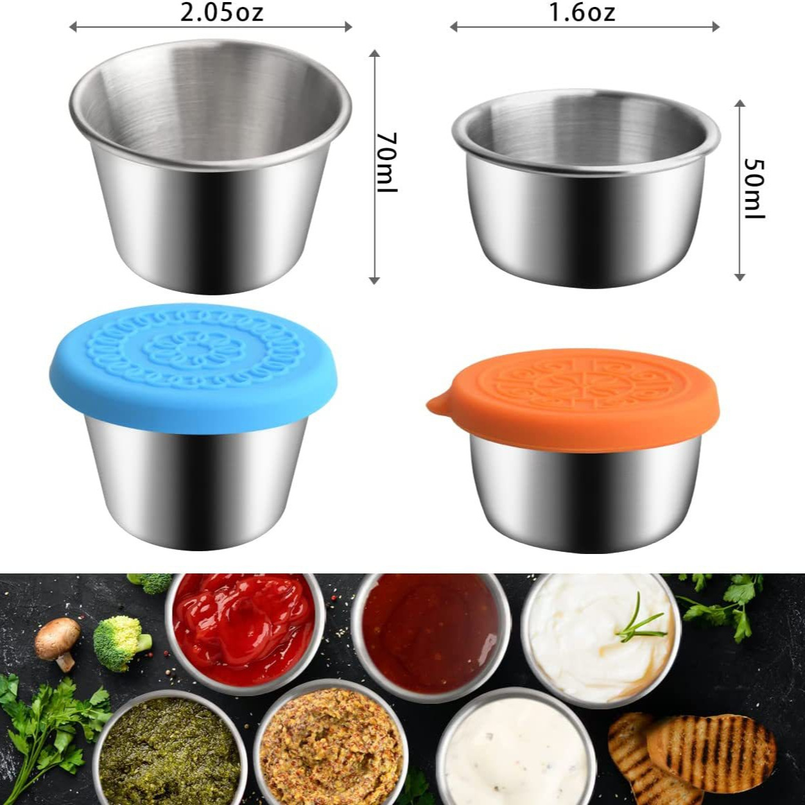 70ml transfronterizo 304 cubierta de silicona de acero inoxidable plato de inmersión al aire libre portátil taza de salsa de silicona cubierta de mantenimiento fresco plato pequeño