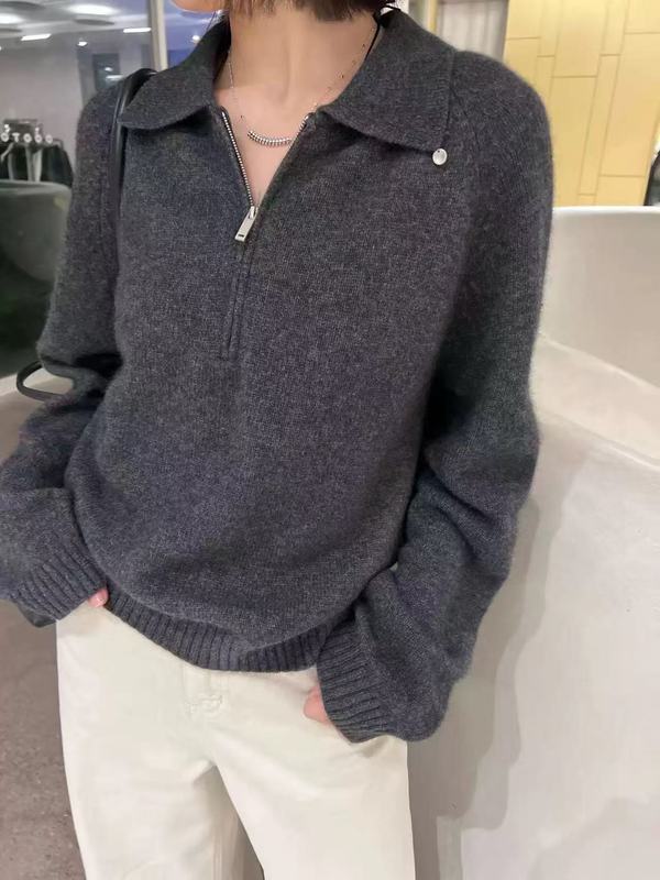 秋冬新款纯色绵羊绒针织女POLO领宽松拉链毛衣女休闲慵懒风套头衫|undefined