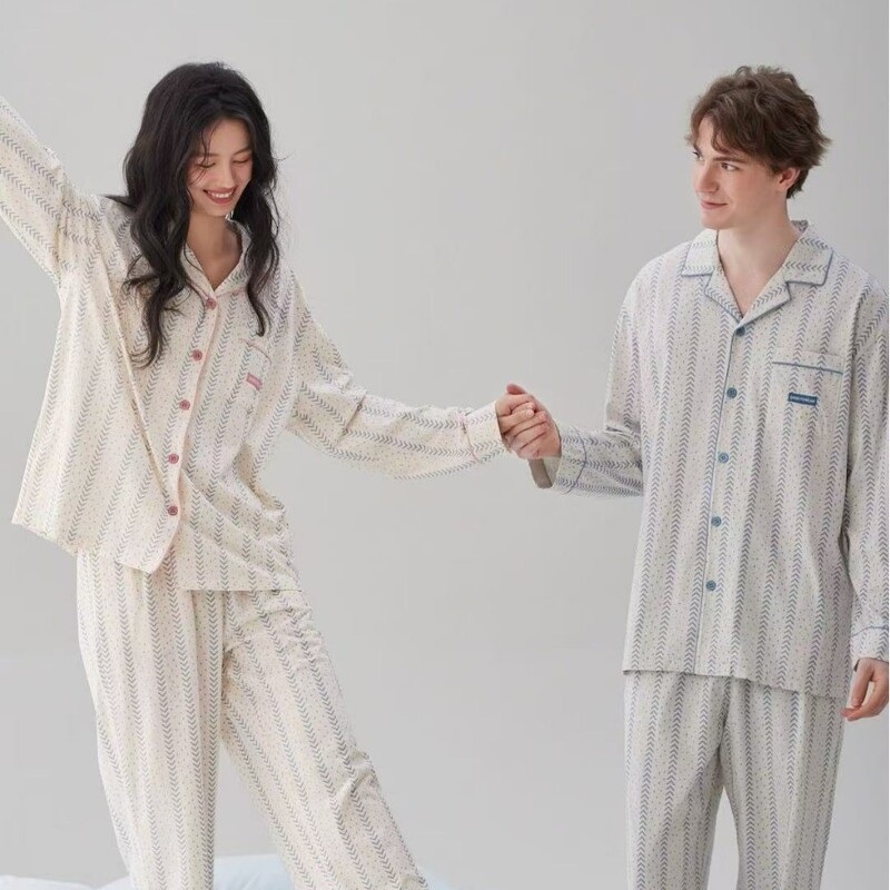 2025 Spring and Autumn New Pajamas Women's Korean-style Simple and Comfortable Couple's suit Casual Loose Long-sleeved Home Clothes