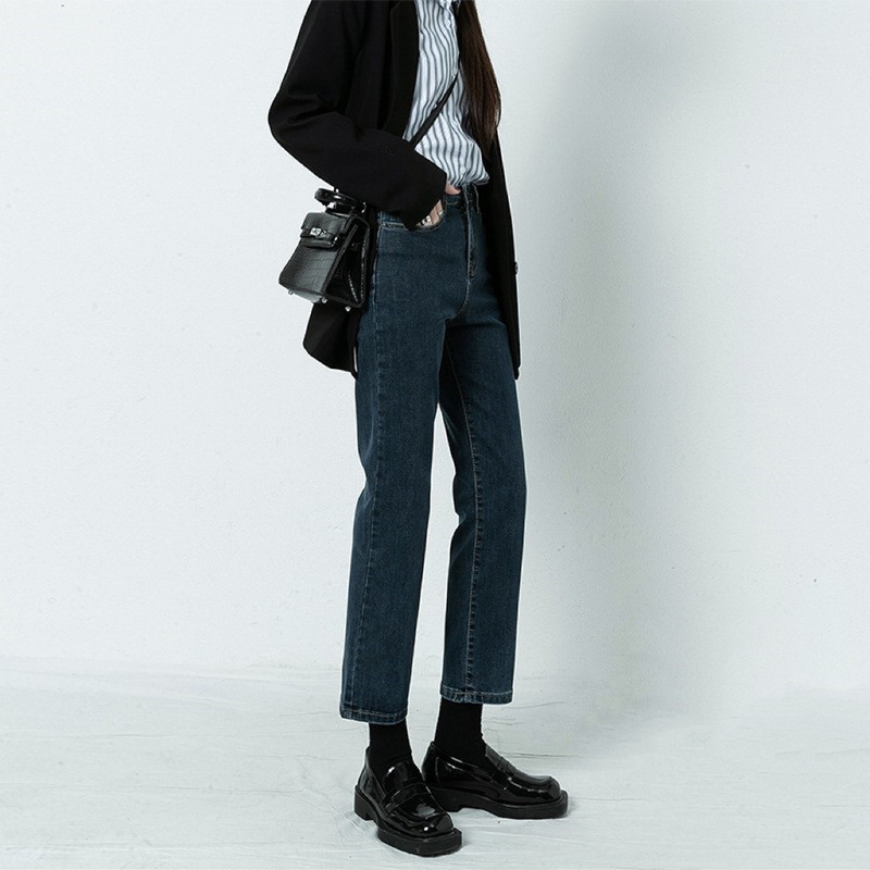 Blue-Gray Straight High-Waisted Jeans for Women, Autumn/Winter 2026 New Style, Fleece-Lined, Popular Slim-Fit Cigarette Pants for Petite Figures Blue-Gray Straight High-Waisted Jeans for Women, Autumn/Winter 2026 New Style, Fleece-Lined, Popular Slim-Fit Cigarette Pants for Petite Figures