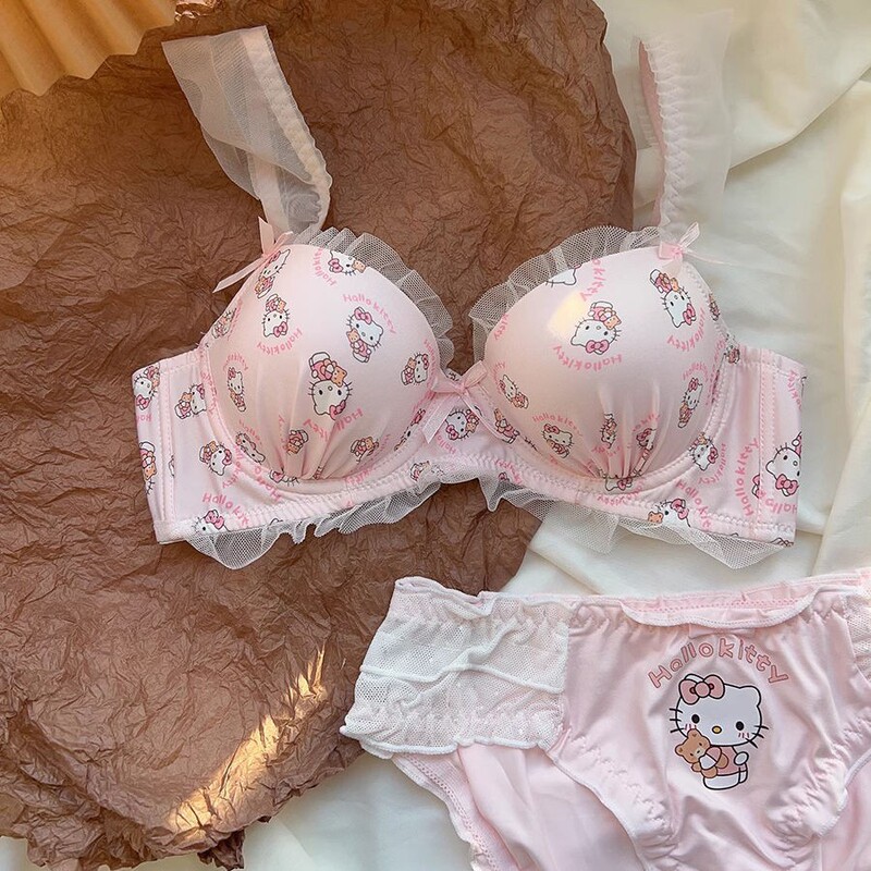 Japanese-Style Girl's Underwear Set Without Underwire, Bowknot Kt Cat Small Chest Push-Up Bra Set, Hello Kitty Enhances Bust Appearance Japanese-Style Girl's Underwear Set Without Underwire, Bowknot Kt Cat Small Chest Push-Up Bra Set, Hello Kitty Enhances Bust Appearance