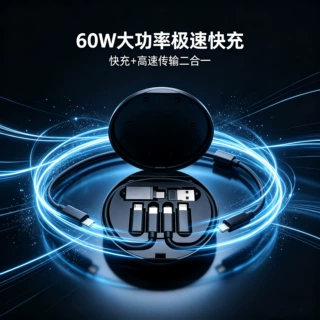 现货爆款礼品圆形一拖五快充多功能数据线收纳盒适用华为苹果手机