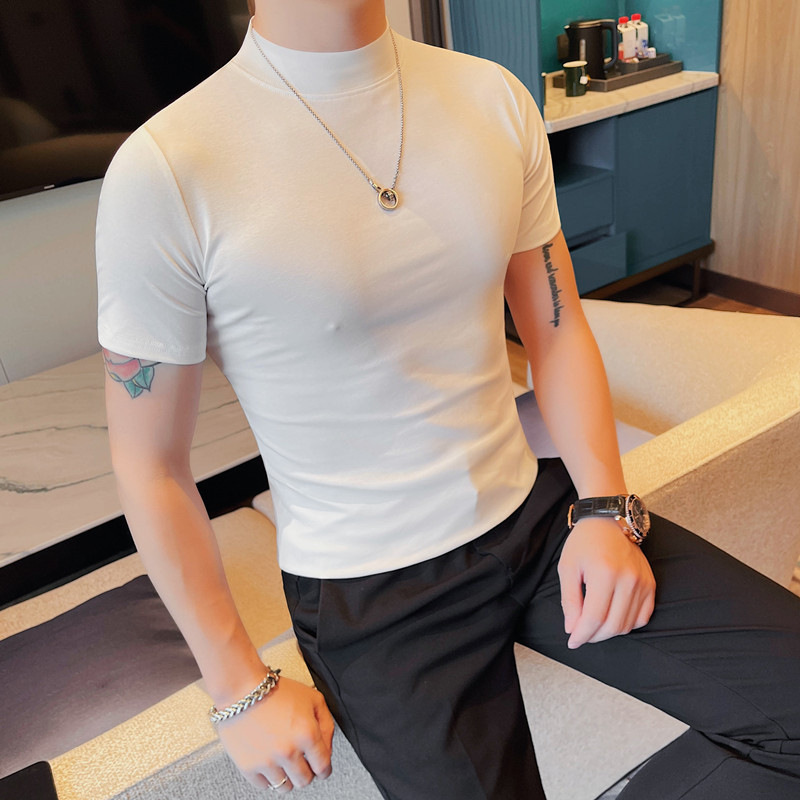 퀵 핸드 라이브 남자 미드 칼라 반팔 티셔츠 한국 스타일 슬림-피트 여름 올 매치 솔리드 컬러베이스 셔츠 하프 하이 칼라 티셔츠