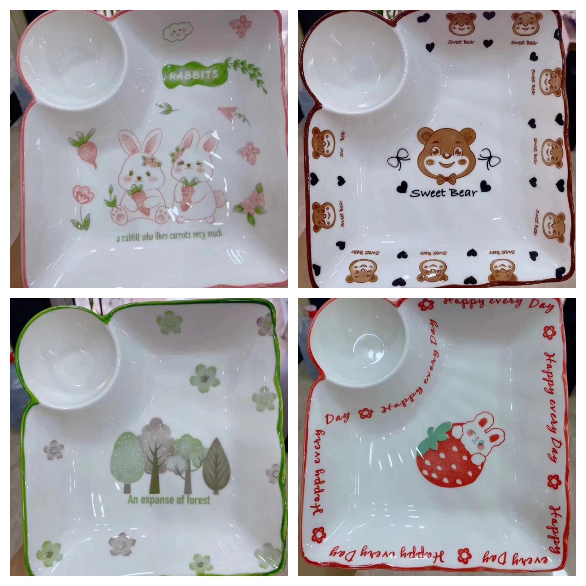 创意陶瓷盘子饺子盘带醋碟早餐分格餐盘家用菜碟子日式餐具方盘