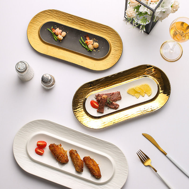 北歐創意陶瓷餐具長條盤 電鍍高顏值新款糕點甜品餐廳酒店擺盤