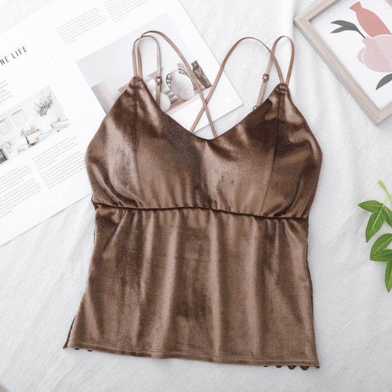 Otoño y invierno dorado de seda mariposa de encaje hermoso chaleco de espalda con cojín de pecho para mujeres una ropa interior apretada top