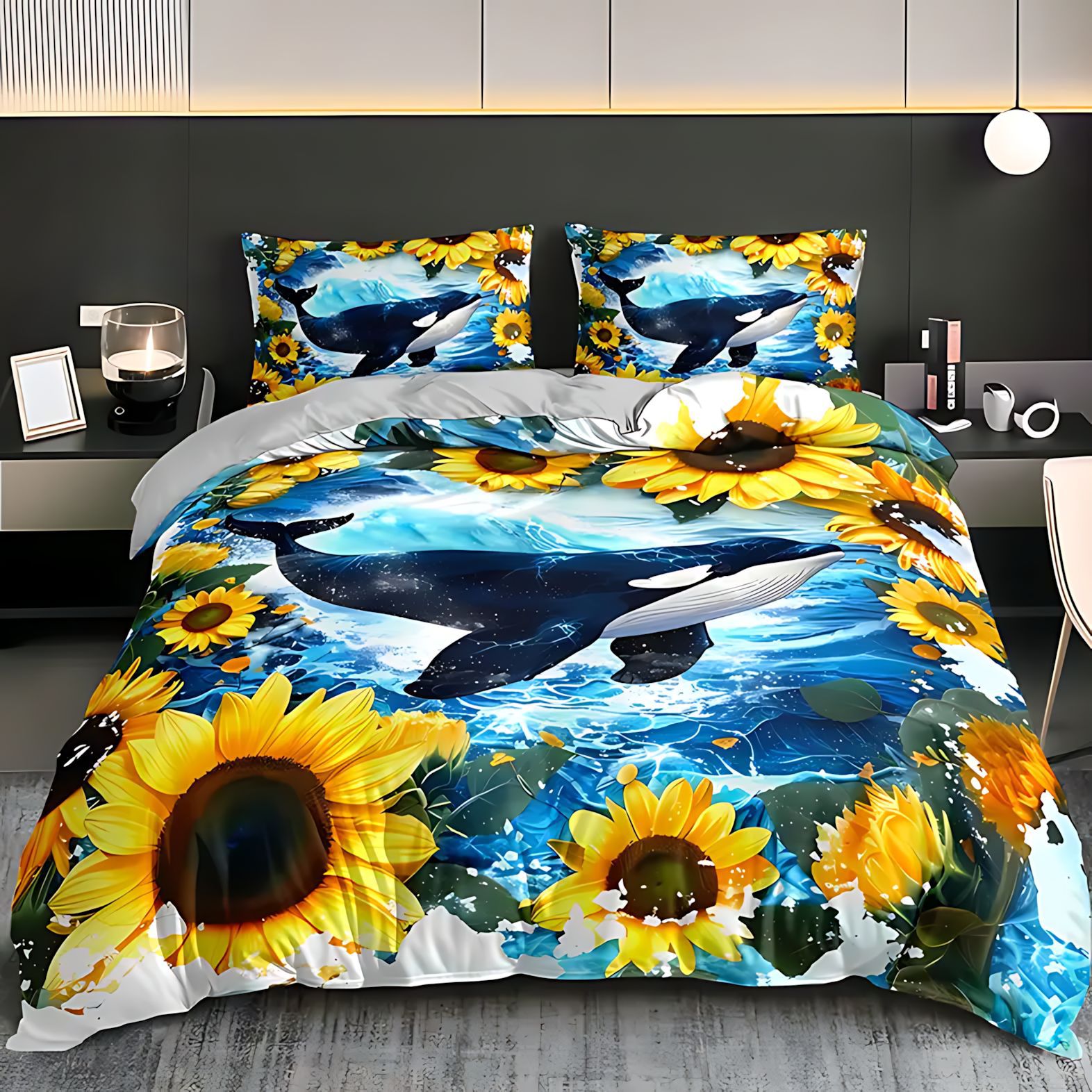 TEMU / JIT girasol tema marino set edredón transfronterizo molido edredón de impresión digital se puede diseñar