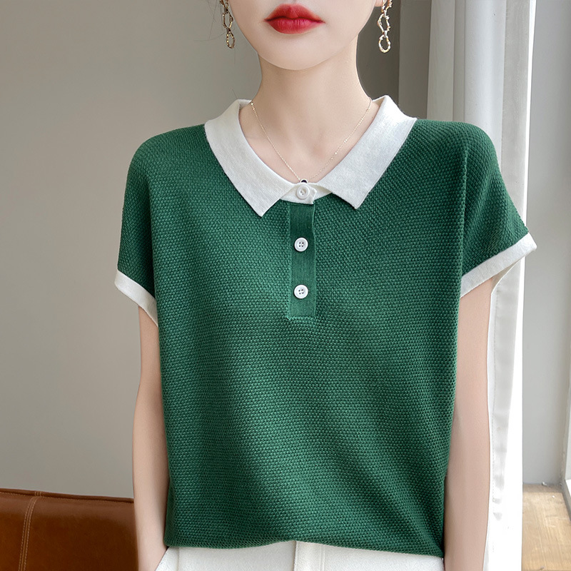 Summer New Style Lapel Tencel Knitted Short-Sleeved Women's Fashion Contrasting Color Polo Collar Loose Slimming Look Lyocell T-Shirt