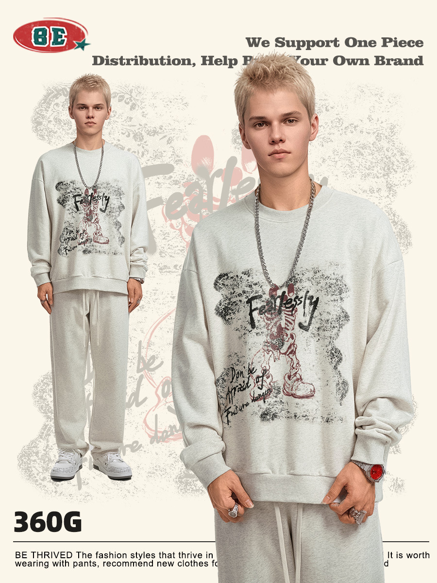 Be Hombres| 2025 otoño americano callejera vintage creativo esqueleto impresión pesada camisa de cuello redondo moda para hombres y mujeres image 4