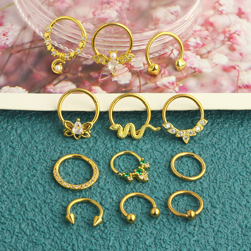 12Pcs Stainless Steel Open Nose Ring Set European American Bat Zircon Earrings Nose Stud Piercing Jewelry detail image 14