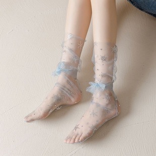 Korean style mesh stockings women's spring and summer transparent tulle fairy socks Japanese sweet bow snowflake pile socks