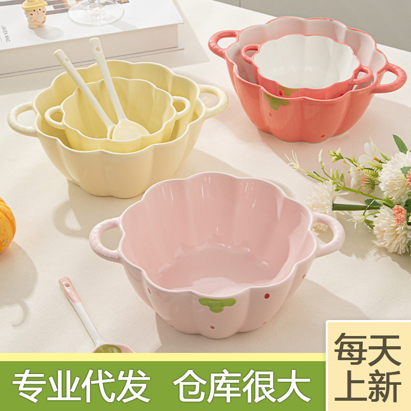 かわいくて見栄えの良いボウル、陶器食器、食器セット、両耳ボウル、インスタントラーメンボウル、家庭用大型スープボウル、スプーン、箸|undefined
