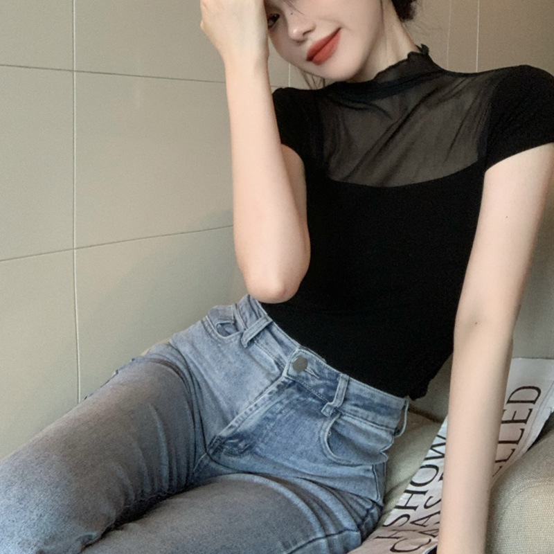 Malla negra micro encaje transparente costura camiseta diseño verano nueva chica caliente slim fit moda manga corta Top para mujeres