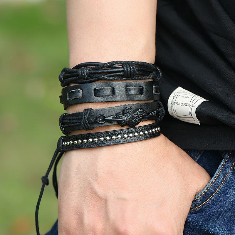 punk style multi-layer woven leather bracelet 12-piece set