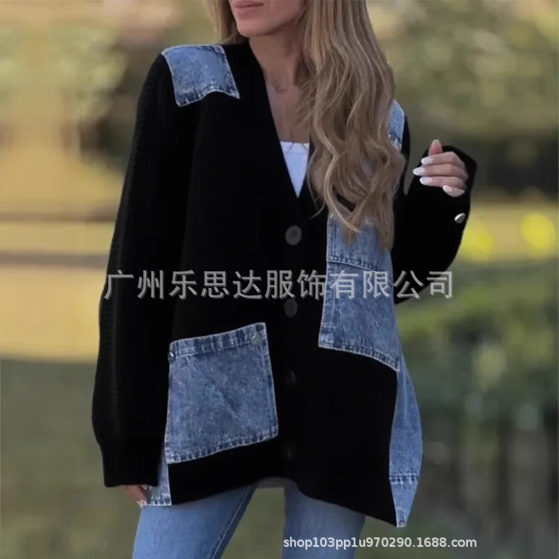 25秋冬外贸亚马逊独立站女装开衫毛衣牛仔拼接针织休闲大衣外套|undefined