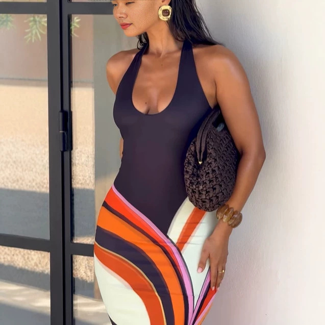 Women's Fashionable Sexy Printed Bodycon Skirt Halter Neck V Neck Color Block Dress Hot Selling_voghion.com