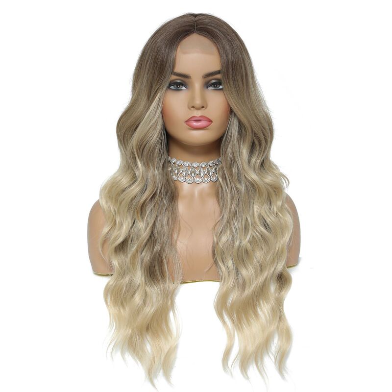 ヨーロッパとアメリカの女性用ウィッグ、フロントレースウィッグ、ミドルパート、小さなレースハイライト、ロング巻き毛、化学繊維ヘッドギア、外国貿易ウィッグ|undefined