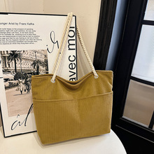 秋冬款灯芯绒纯色托特包包女大容量休闲单肩包时尚中学生上课书包