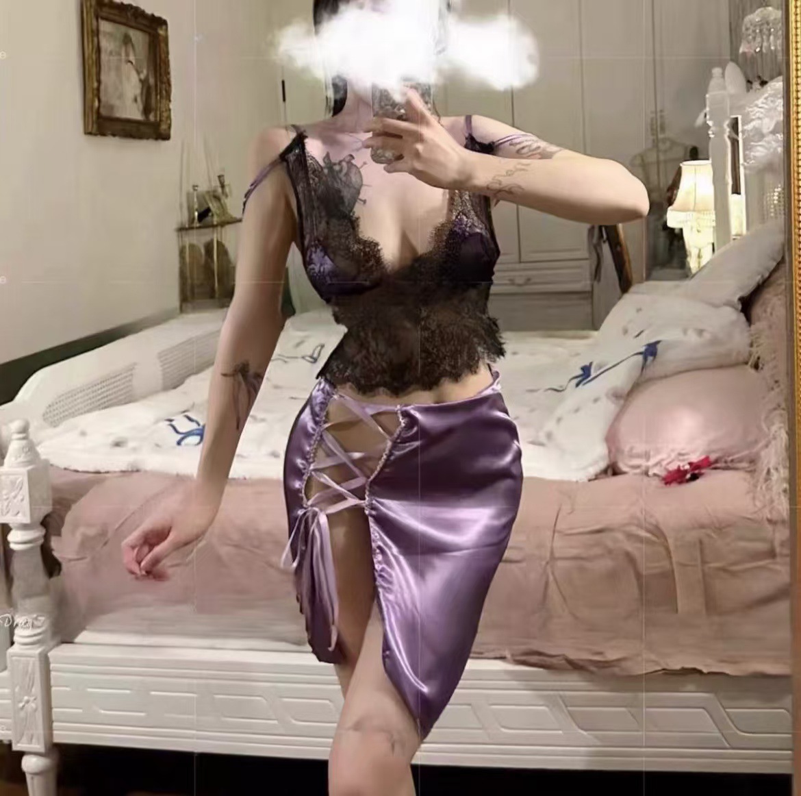 Purple Deep V Mesh Cheongsam-Style Lingerie Set with Top, Skirt and Panty — detail image 5