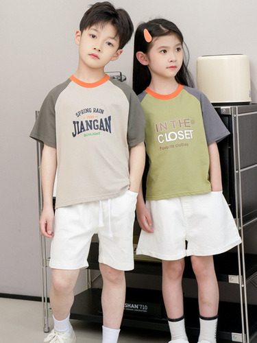 Summer children's short-sleeve T-shirts for boys and girls, summer clothing for middle and small children, splicing half-sleeve base top for children