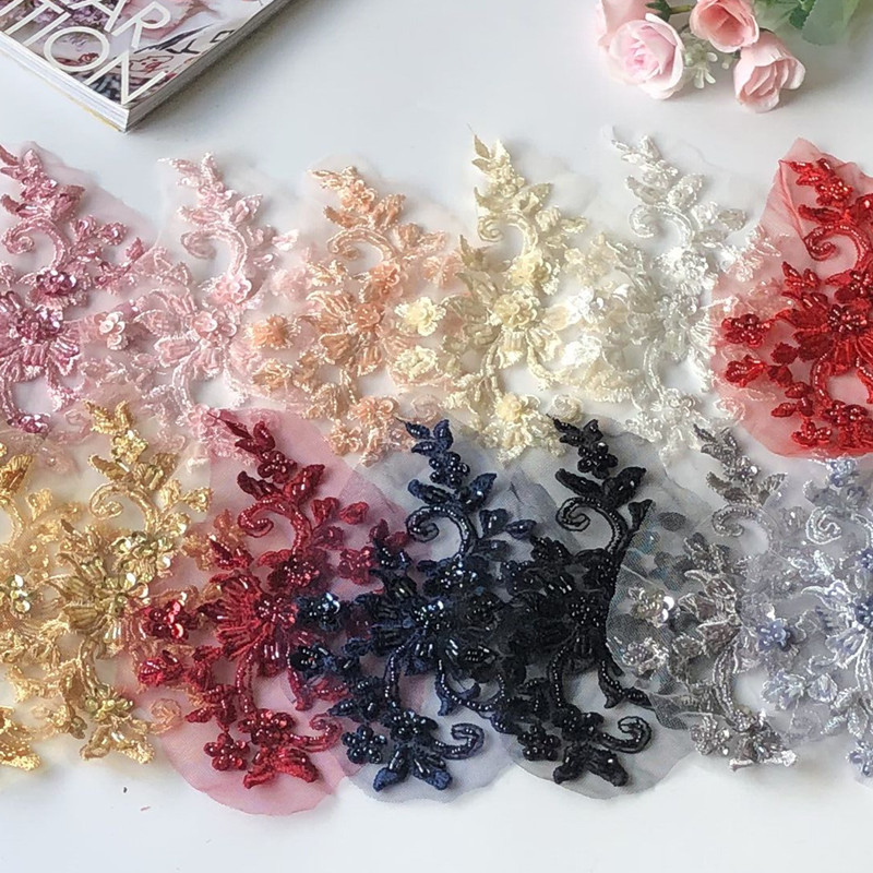 小米珠刺绣布贴3D亮片立体花网纱刺绣手工补丁片旗袍衣服装饰辅料