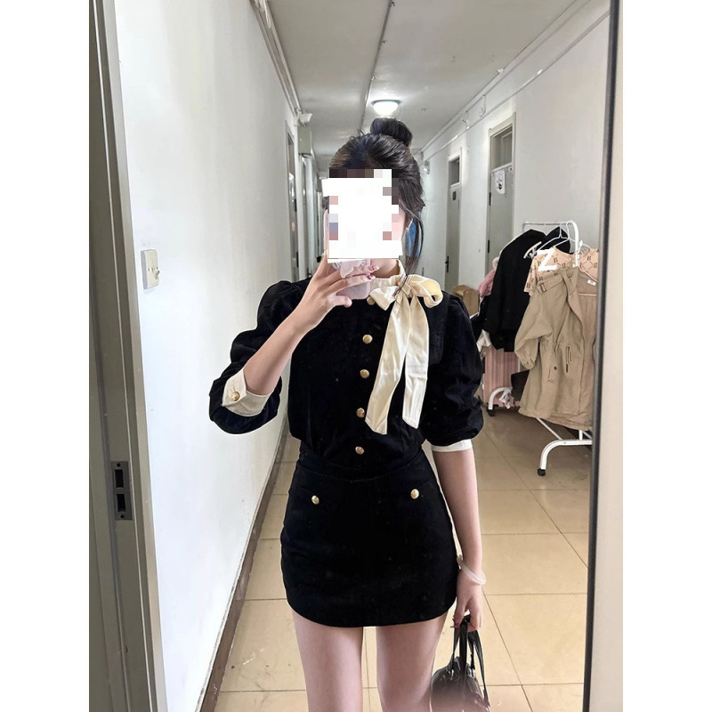 法式秋冬小香风蝴蝶结上衣半身裙子套装女高级气质两件套|undefined
