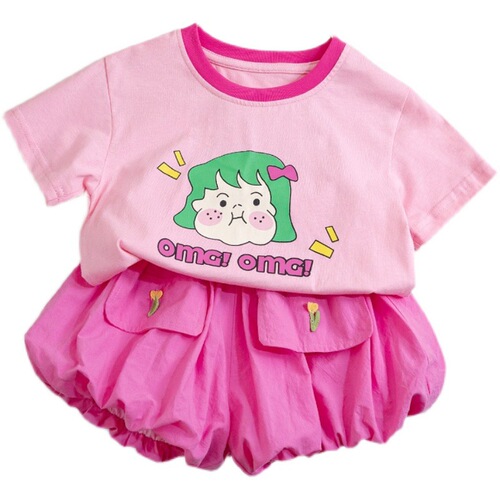 Baby girl summer suit  new style girls Korean printed short-sleeved T-shirt cute flower bud pants two-piece set trendy