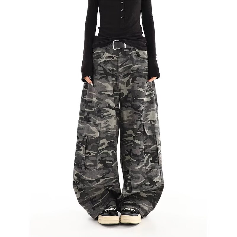 Cross-Border Vintage Camouflage Scimitar Jeans High Street Fashion Brand Cleanfit Lumberjack Workwear Flared Pants Washed