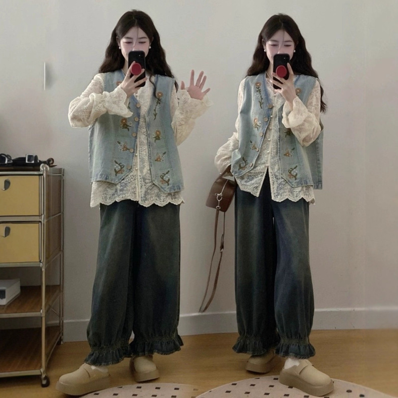 Spring Outfit Set for Plus-Size Women: Shirt, Vest, and Jeans in Korean Style, Age-Reducing and High-End Layered Wear for Women