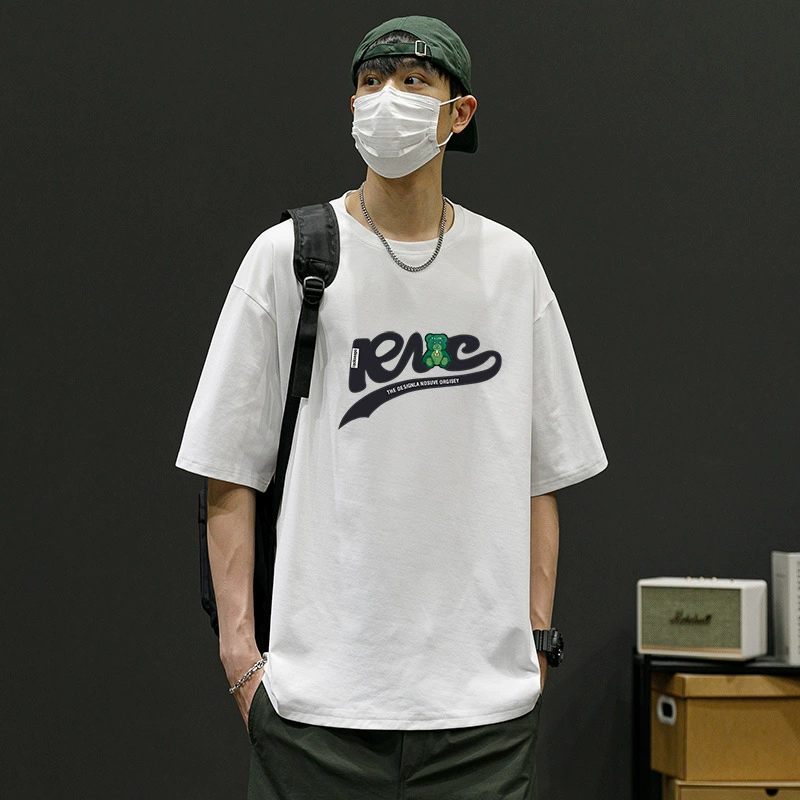 Модная брендовая футболка с короткими рукавами с принтом, мужская летняя новая мужская свободная модная пара с открытыми плечами и короткими рукавами, модная брендовая свободная футболка