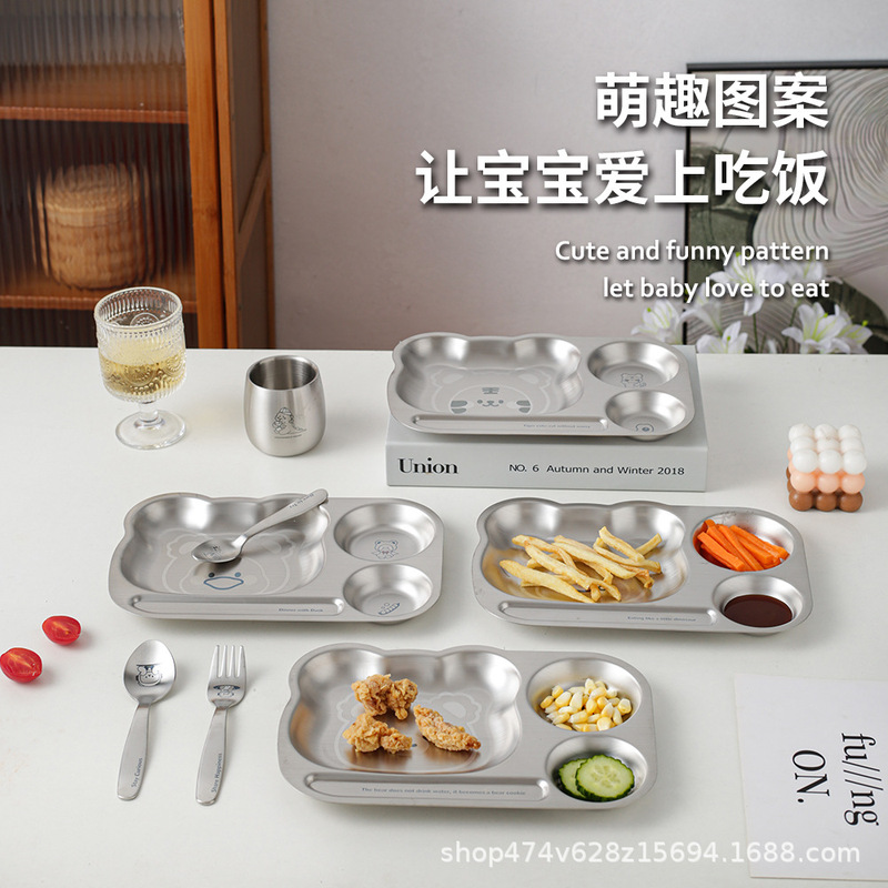 304 Stainless Steel Kidsren's Home Set Dinner Plate Kindergarten Square Cartoon Divided Dinner Plate Simple Anti-Fall Plate