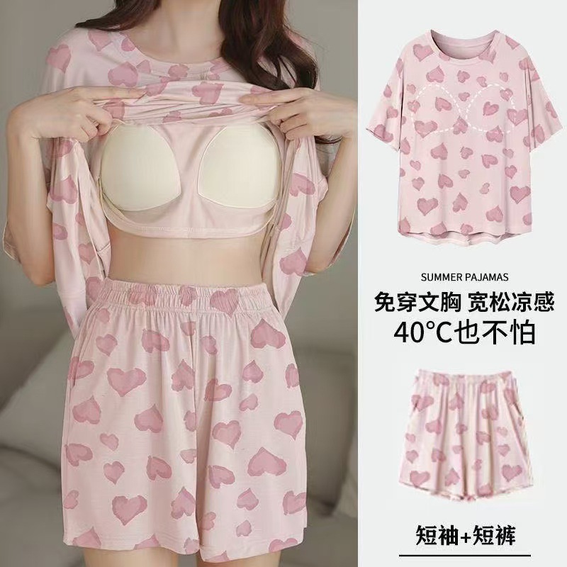 Pijama de mujer 2025 nuevo tamaño grande de verano con cojín de pecho de manga corta pantalones cortos impresos ropa casera delgada