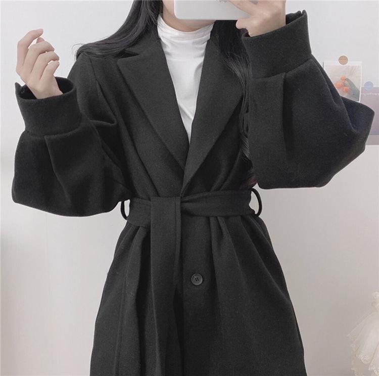 Women's Clothing Hepburn style black woolen coat for women autumn and winter 2024 new style small waist thickened medium and long woolen coat_voghion.com