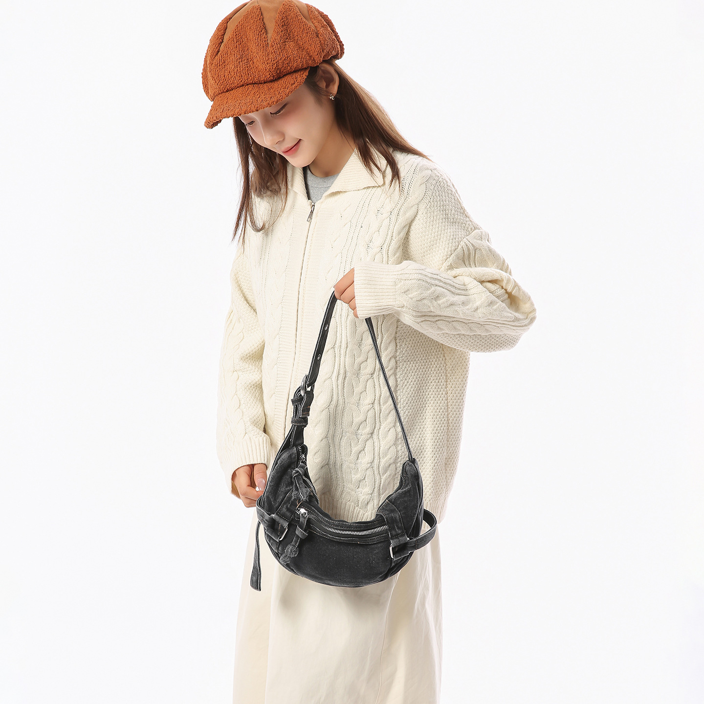 2026 Korean Retro Crescent Denim Dumpling Bag Crossbody Small Casual Shoulder Bag For Women - Thumbnail 2