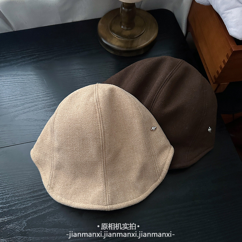 软檐毛呢纯色鸭舌帽子女秋冬时尚显脸小贝雷帽简约百搭保暖前进帽|undefined